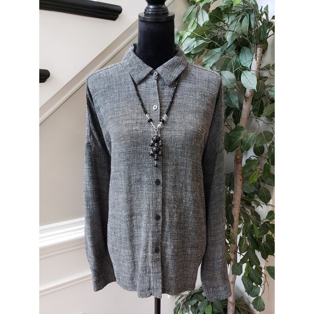 Eileen Fisher Button Down Shirt Women's Large Gray Solid Long Sleeve Collared